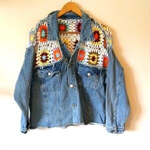 Polagram Crochet Top Jean Jacket Button Up Granny Squares